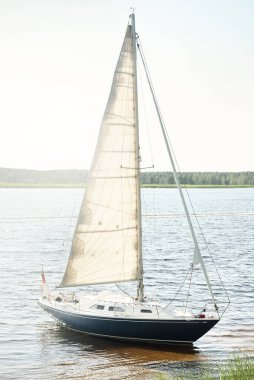 Kumlu kıyıya demirli mavi şalopeli yat (kumsalda otlarla kaplanmış). İsveç 'te, Avrupa' da. Doğa, yaz tatilleri, eğlence, gezi, spor, ulaşım. Hava görünümü