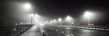 Gece sisli bir havada karayolu yakınında boş bir bisiklet yolu (yaya geçidi). Fenerler yakın plan. Ulaşım, tehlikeli sürüş, eğlence ve sağlıklı yaşam tarzı teması. Riga, Letonya