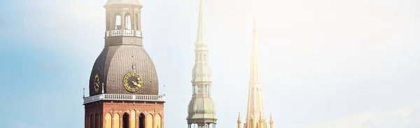 Towers Spires Riga Cathedral Peter Church Saviour Church Cloudy Blue — Stock Photo, Image