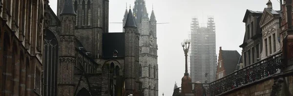 Clock Tower Historical Center Ghent City Bavo Cathedral Rainy Day — Stock Photo, Image