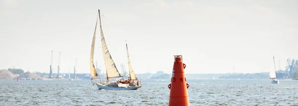 Red Navigational Buoy Port Mark Close Old Vintage Wooden Sailboat — Stock Photo, Image