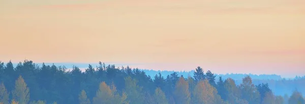 Bosque Colinas Una Niebla Amanecer Colorido Paisaje Otoñal Escena Rural — Foto de Stock