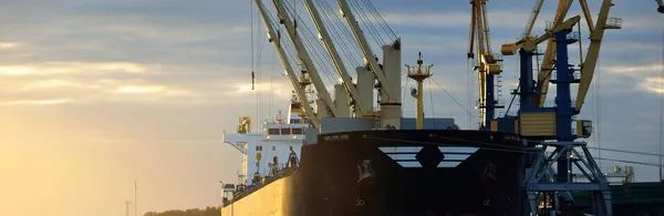 Gün Batımında Limana Demir Atmış Büyük Bir Kargo Gemisi Vinçler — Stok fotoğraf
