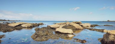 Güneşli bir günde, Lilia Körfezi 'nin sığ, berrak sularında, Le Vierge deniz fenerinin yanında. Brittany, Fransa. Seyahat yerleri, ulusal dönüm noktası, eğlence teması