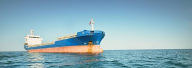 Cebelitarık Boğazı 'nda demirli büyük mavi bir kargo gemisi. Yat manzaralı, yakın plan. Yaz Atlantik 'i İspanya ve Afrika' ya doğru gidiyor. Yük taşımacılığı, lojistik, küresel iletişim teması