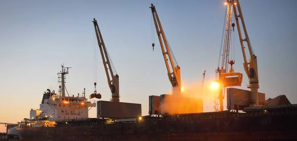 Large Cargo Ship Anchored Illuminated Riga Port Latvia Night Close — Stock Photo, Image