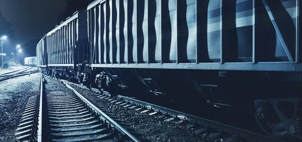 Крупный Грузовой Поезд Грузом Выходящим Терминала Ночью Вагоны Контейнеры Крупным — стоковое фото