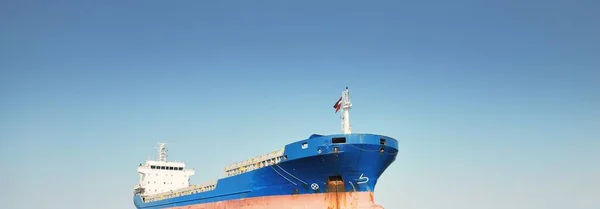 Large Blue Cargo Ship Anchored Strait Gibraltar View Yacht Close — Stock Photo, Image