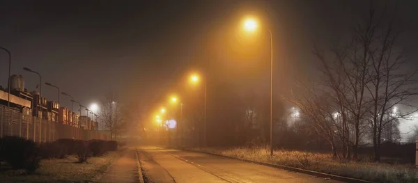 Φωτισμένος Άδειος Ασφαλτοστρωμένος Δρόμος Μέσα Ομίχλη Νύχτα Σκοτεινή Αστική Σκηνή — Φωτογραφία Αρχείου