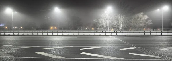 在夜雾中照亮了空旷的公路 街灯和路标的特写 黑暗的城市景象 城市景观 拉脱维亚里加 危险驾驶 概念形象 — 图库照片