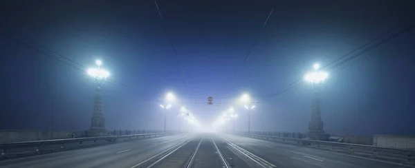 Tramway Track Strada Asfaltata Autostrada Attraverso Ponte Pietra Vuoto Illuminato — Foto Stock