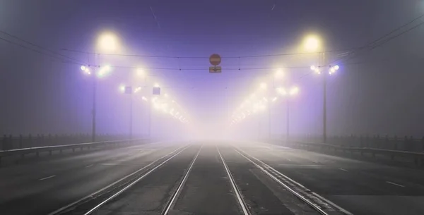 Tramway Track Asphalt Road Highway Illuminated Empty Stone Bridge Thick — Stock Photo, Image