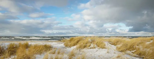 バルト海の上の嵐の雲 冬のサイクロン 劇的な空 水が飛び散った 砂丘草のクローズアップ ドイツだ 生態系 気候変動 地球温暖化の概念 — ストック写真