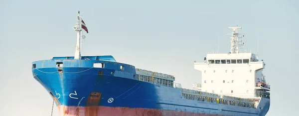 Large Blue Cargo Ship Anchored Strait Gibraltar View Yacht Close — Stock Photo, Image