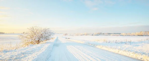 Země Silnice Přes Zasněžené Pole Sněhové Bouři Při Západu Slunce — Stock fotografie