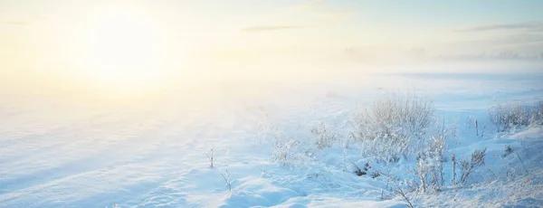 Häpnadsväckande Utsikt Över Snötäckta Fält Efter Snöstorm Vid Solnedgången Lappland — Stockfoto