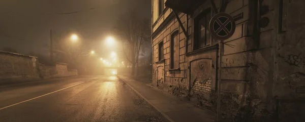 Uma Estrada Asfalto Iluminada Vazia Num Nevoeiro Noite Ponte Fundo — Fotografia de Stock