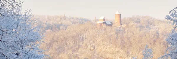 Panoramiczny Widok Lotu Ptaka Stary Zamek Turaida Pogodny Zimowy Dzień — Zdjęcie stockowe