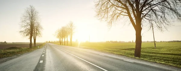 Een Lege Snelweg Door Landbouwvelden Bij Zonsondergang Een Steegje Met — Stockfoto