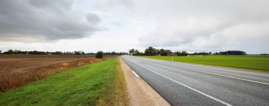Tarlalarda boş otoyol (asfalt yol). Yağmur ve fırtınadan önce dramatik bir gökyüzü. Manzara kavramı. Kırsal alan. Karanlık, sonbahar mevsimi, kararsız hava, tehlikeli sürüş, yolculuk