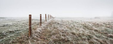 Kalın beyaz bir sis içinde tarlanın içinden geçen bir yol. Hoarfrost, ilk kar. Kırsal alanda koruma altında. Resimli panoramik manzara. Sonbahar, kışın başlangıcı. Saf doğa, çevresel koruma, ekoloji
