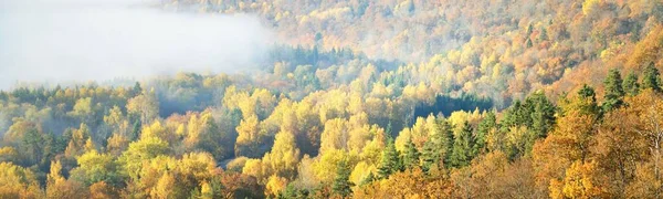 Adembenemend Panoramisch Uitzicht Heuvels Van Kleurrijke Rode Oranje Gele Bomen — Stockfoto