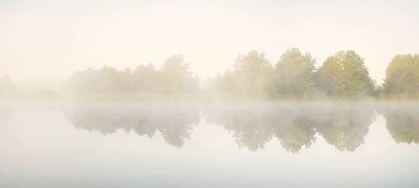 Picturesque Scenery Forest Lake Thick White Fog Reflections Water Pure — Stock Photo, Image