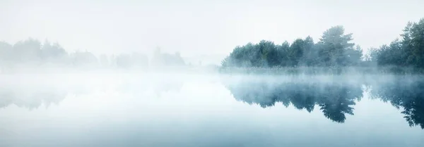 Malownicze Krajobrazy Jeziora Leśnego Gęstej Białej Mgle Refleksje Nad Wodą — Zdjęcie stockowe