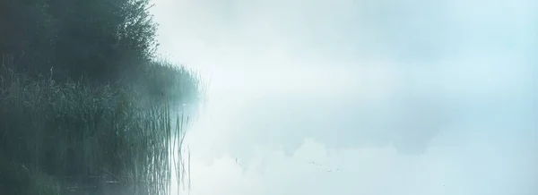 Malownicze Krajobrazy Jeziora Leśnego Gęstej Białej Mgle Refleksje Nad Wodą — Zdjęcie stockowe