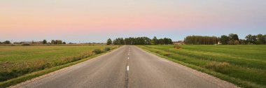 Gün batımında yeşil tarlalar ve ormanlar boyunca boş bir otoyol (yeni asfalt yol). Açık pembe gökyüzü. Ulaşım, seyahat yerleri, tatiller, sürüş, özgürlük