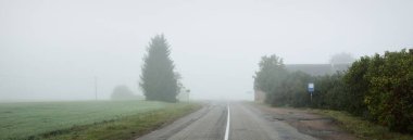 Gün doğumunda yoğun bir sis altında tarlalar ve ormanın içinden (asfalt yol) boş bir otoyol. Atmosferik manzara. Idyllic kırsal kesim. Karanlık, sonbahar mevsimi, kararsız hava, tehlikeli sürüş, yolculuk