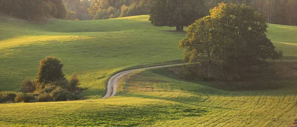 Schilderachtig Panoramisch Landschap Van Groene Heuvels Weiden Landbouwvelden Bij Zonsondergang — Stockfoto