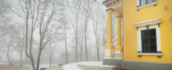 Antico Maniero Giallo Restaurato Sulla Collina Del Bosco Silhouette Alberi — Foto Stock