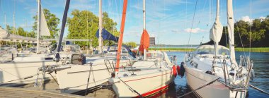 Zarif ve modern yelkenliler yat limanında bir iskeleye demirlediler..