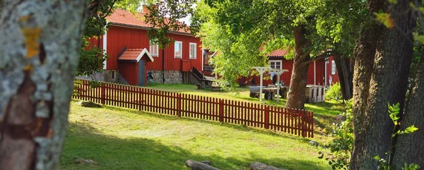 绿色森林中的村庄 传统的房子用紫红色染料着色 夏季花园 纯天然 环保生态旅游 全景视图 — 图库照片