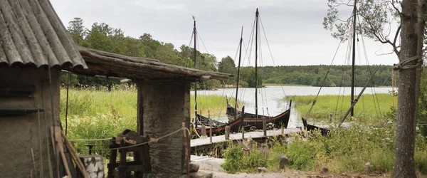 伝統的なバイキング時代の村 木製の帆船 大気の風景 ランドマーク 歴史的再現 工芸品 — ストック写真