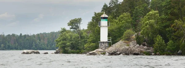 Sweden Rocky Shore Forest Small White Lighthouse Nature Environment Travel — Stock Photo, Image