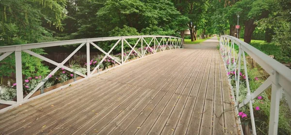 Moderní Dřevěný Most Promenáda Průplavem Květinová Výzdoba Růžové Květy Zelený — Stock fotografie