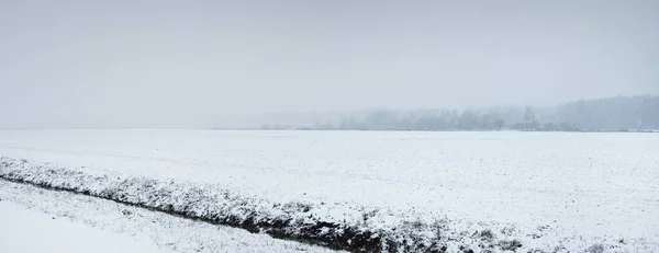Pokryta Śniegiem Wiejska Droga Przez Pole Zamieci Linia Energetyczna Słupy — Zdjęcie stockowe