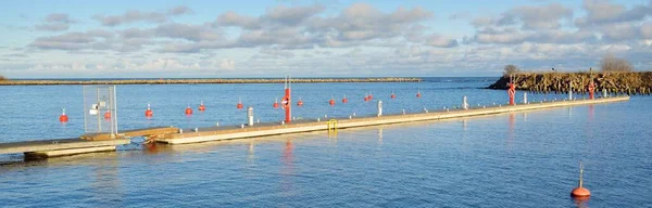 Orange Mooring Buoys New Yacht Harbor Marina Close Water Surface — Stock Photo, Image