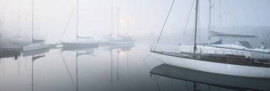 Yelkenli tekneler, güneşin doğuşunda yoğun beyaz bir sisle bir rıhtıma demirlediler. Kiel, Almanya 'daki yat kulübü. Spor, eğlence, ulaşım teması