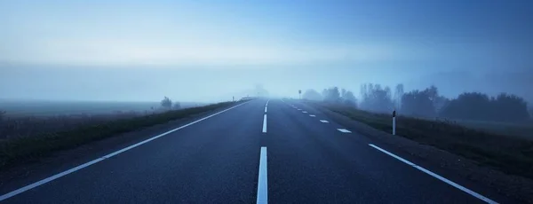 Panoramic View Empty Highway Fields Fog Night Moonlight Clear Sky — Stock Photo, Image