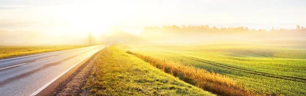 Vista Panorâmica Rodovia Nova Estrada Asfalto Através Campo Agrícola País — Fotografia de Stock