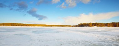 Gün batımında donmuş göl ve karla kaplı çam ormanı. Buz dokusu. Dramatik gökyüzü, yumuşak güneş ışığı. Idyllic kış sahnesi. Doğa, çevre koruma, ekoloji, iklim değişikliği, eko-turizm, Noel