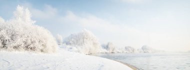 Şehir parkındaki karla kaplı ağaçlar, set ve nehir manzarası. Riga, Letonya 'da Noel tatili. Kış Harikalar Diyarı. Idyllic manzara. Hava, mevsimler, iklim değişikliği