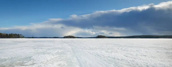 Fryst Sjö Och Tallskog Vid Solnedgången Isstruktur Traktor Spår Närbild — Stockfoto