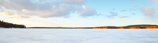 Bevroren Meer Besneeuwd Dennenbos Bij Zonsondergang Ijs Textuur Dramatische Hemel — Stockfoto