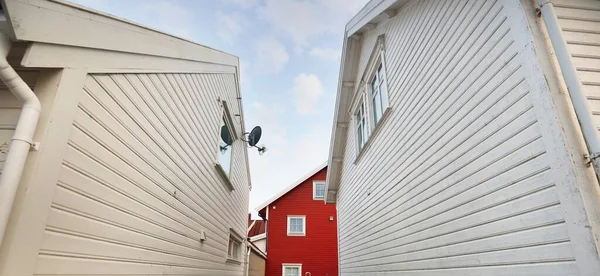 피오르드에 마을의 파노라마같은 염료로 현대식 가옥들 노르웨이 목적지 유람선 — 스톡 사진