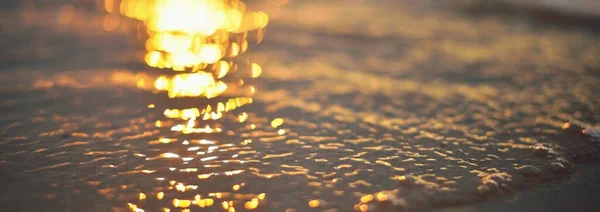 Golden Sunset Sky Reflecting Water Close View Sandy Shore Setting — Stock Photo, Image
