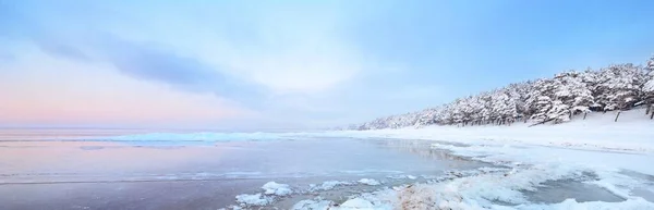 Gün Batımında Donmuş Gölün Karla Kaplı Kıyısı Göz Kamaştırıcı Pembe — Stok fotoğraf